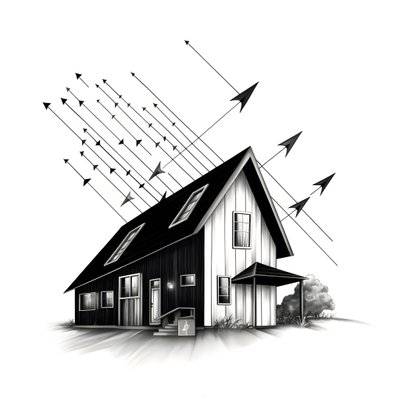 illustrazione di una casa con pannelli solari, con una grande freccia dietro che punta a destra e verso l