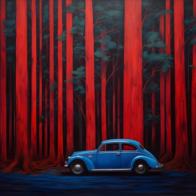 Auto blu in una foresta rossa 2 da Kurt Heppke