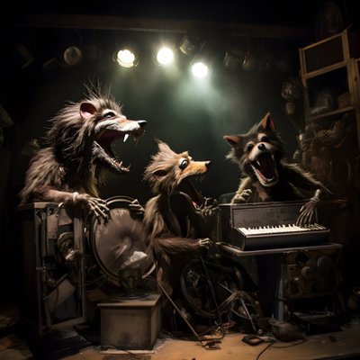 animatronici animali inquietanti, pelosi e rotti che suonano musica su un palco 3 da Kurt Heppke