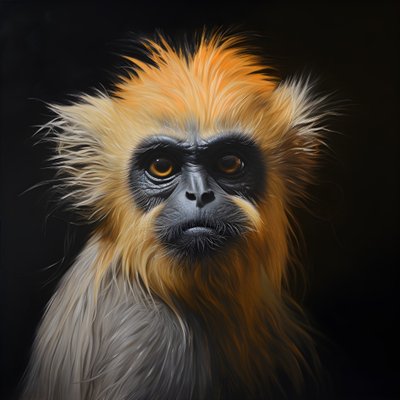 Un dipinto del volto di un langur dorato con sfondo nero 1 da Kurt Heppke