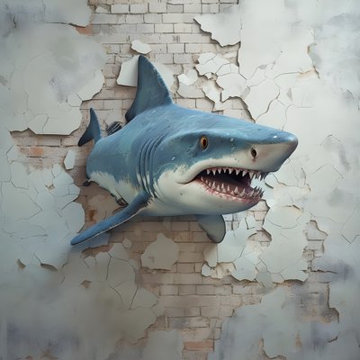 uno squalo blu con faccia dipinta su un vecchio muro da Kurt Heppke