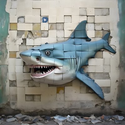 uno squalo blu con faccia dipinta su un vecchio muro 3 da Kurt Heppke