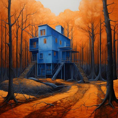 Una casa blu in una foresta arancione 1 da Kurt Heppke