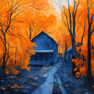 Una casa blu in una foresta arancione 2 da Kurt Heppke