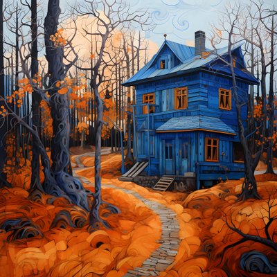 Una casa blu in una foresta arancione 4 da Kurt Heppke