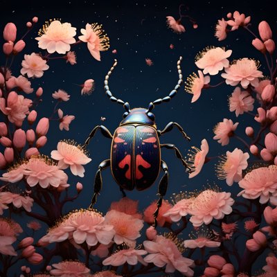 Illustrazione di uno scarabeo con funghi sullo sfondo 2 da Kurt Heppke