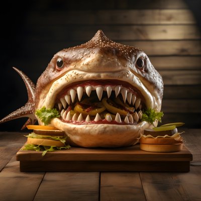 Grande cheeseburger con testa di squalo e carne di manzo su tavola di legno 2 da Kurt Heppke