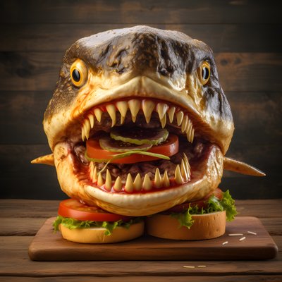 Grande cheeseburger con testa di squalo e carne di manzo su tavola di legno 4 da Kurt Heppke