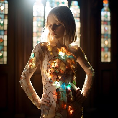 bella ragazza bionda di 14 anni con un vestito colorato in vetro Tiffany 3 da Kurt Heppke