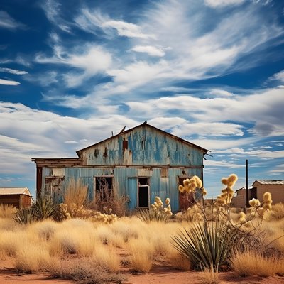 Immagine fotografica iperrealista di un vecchio magazzino logoro con vernice sbiadita e finestre inchiodate da Kurt Heppke
