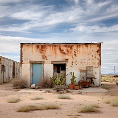 Immagine fotografica iperrealista di un vecchio magazzino logoro con vernice sbiadita e finestre inchiodate da Kurt Heppke