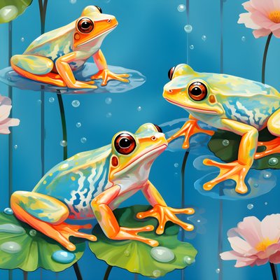Motivo senza soluzione di continuità di un dipinto di graziose rane arancioni e gialle dei cartoni animati sedute sulle foglie di giglio sull