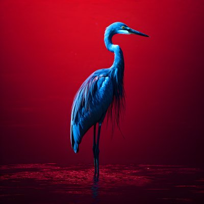 Arte digitale synthwave di un airone blu cobalto esotico su carta rossa 1 da Kurt Heppke