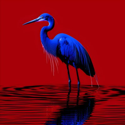 Arte digitale synthwave di un airone blu cobalto esotico su carta rossa 2 da Kurt Heppke