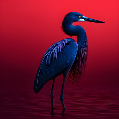Arte digitale synthwave di un airone blu cobalto esotico su carta rossa 3 da Kurt Heppke