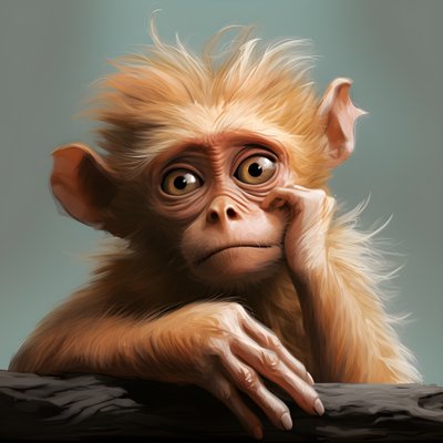 disegno di una scimmia Joey con un occhio nello stile di studi di carattere surreale emotivo, colorato, pose pensierose, topcor 58mm f/1.4, illustrazioni caricaturali, #vfxfriday, maestro della solarizzazione 2 da Kurt Heppke