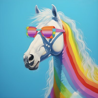 Cavallo bianco con occhiali arcobaleno su sfondo blu 2 da Kurt Heppke