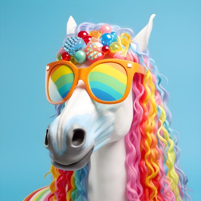 Cavallo bianco con occhiali arcobaleno su sfondo blu 4 da Kurt Heppke