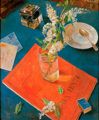 Ramo di ciliegio in un bicchiere, 1932 da Kuzma Sergeevich Petrov Vodkin