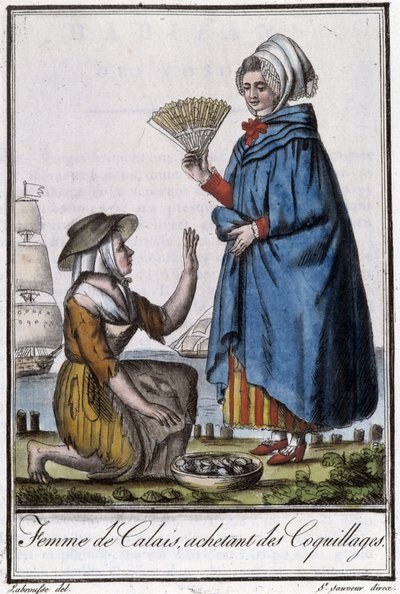 Donna di Calais che compra conchiglie - in "Enciclopedia dei viaggi" di J. Grasset St Sauveur, Deron, Parigi da L.F. Labrousse