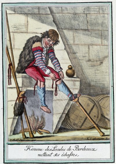 Uomo delle Landes di Bordeaux che mette i suoi trampoli - in "Enciclopedia dei viaggi" di J. Grasset St Sauveur, Deron, Parigi da L.F. Labrousse