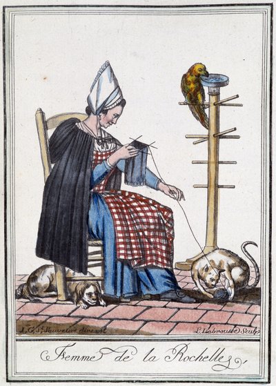 Donna di La Rochelle che lavora a maglia con un cane, un pappagallo e un gatto che giocano con il gomitolo di lana da L.F. Labrousse