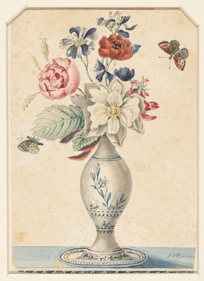 Vasetto con fiori e una farfalla grigio-gialla da L.W. Garrison