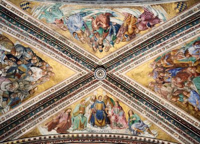 Volta affrescata da Giovanni da Fiesole detto Fra Angelico e Luca Signorelli, Cappella della Madonna di San Brizio, Duomo di Orvieto, Italia da L Fra Angelico and Signorelli