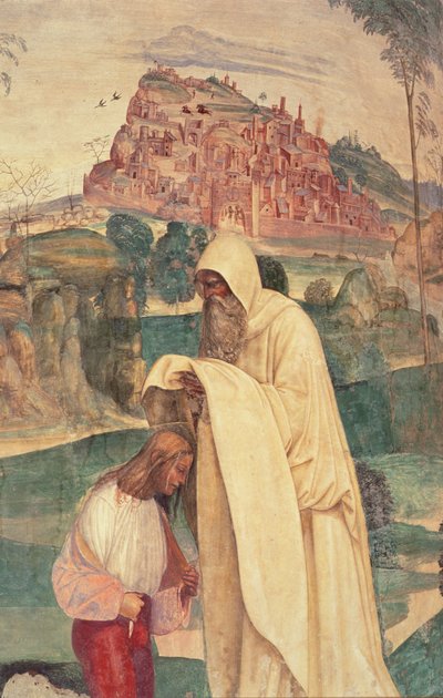 Vita di San Benedetto, Scena 4: Il monaco Romano veste Benedetto da L. Signorelli