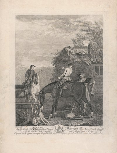 Set di sette, senza titolo, ciascuno dedicato: Al Diritto Onorevole Thomas Lord Visconte Weymouth...dal dipinto originale nella Long Leat Hall. [Centro, un grigio tenuto da un servitore di caccia, con altri cavalli e cani....] da L. Truchy
