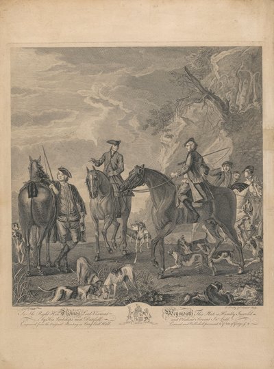 Set di sette, senza titolo, ciascuno dedicato: Al Diritto Onorevole Thomas Lord Viscount Weymouth...dal dipinto originale a Long Leat Hall. [Cavalieri e cani che riposano in un paesaggio roccioso.] da L. Truchy