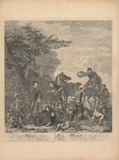 Serie di sette, senza titolo, ciascuno dedicato: Al molto onorevole Thomas Lord Viscount Weymouth...dal dipinto originale nella Long Leat Hall. [La caccia: due cavalieri smontati, uno che tiene la volpe sopra i cani clamanti; il cacciatore che suona il cor da L. Truchy