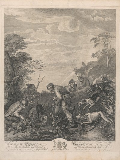 Un set di sette, senza titolo, ciascuno dedicato: Al molto onorevole Thomas Lord Viscount Weymouth...dal dipinto originale nella Long Leat Hall. [Tre uomini che scavano una tana di volpe, osservati con impazienza dai cani...] da L. Truchy