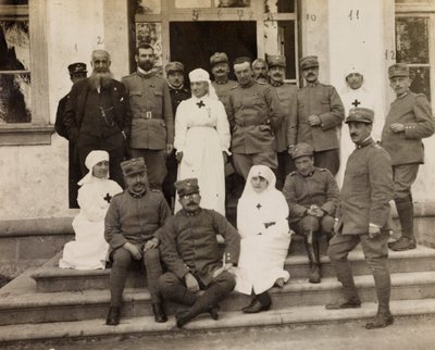Album della Prima Guerra Mondiale in Friuli-Venezia Giulia: ritratto di gruppo con ufficiali e infermiere della Croce Rossa durante la visita dei Cavalieri di Malta a Villa Brazzà, sede del 17° Ospedale di guerra a Soleschiano Manzano, 25/11/1915 da L. Verdiani