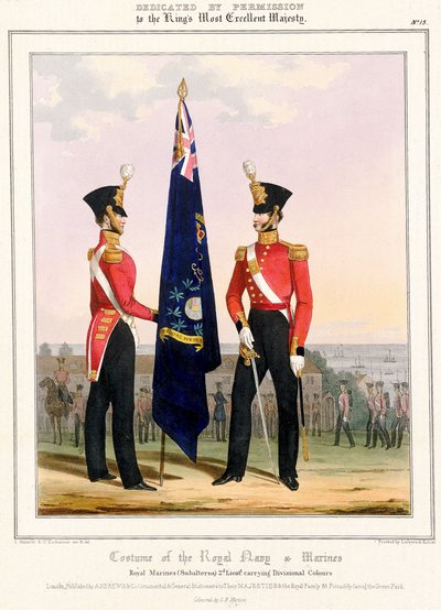 Costume della Royal Navy & Marines. Royal Marines (Subalterni) 2° Lt., c.1832 da L. and Eschauzier St. Mansion