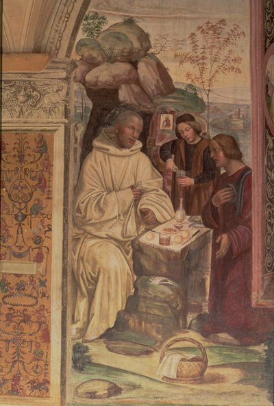 San Benedetto contro un paesaggio, dalla vita di San Benedetto (dettaglio) da L. and Sodoma, G. Signorelli
