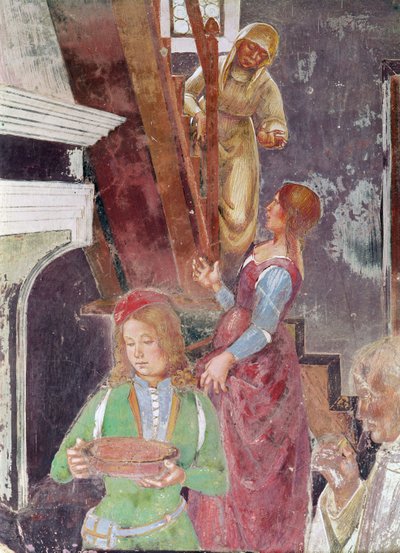 Giovane servitore che tiene un piatto, dettaglio di San Benedetto che riceve ospitalità, dalla vita di San Benedetto, 1497-98 (dettaglio) da L. and Sodoma, G. Signorelli