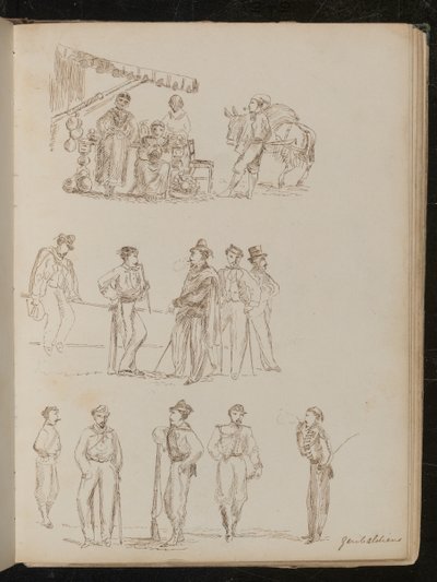Bancarella di fruttivendoli con donne e un uomo che fuma, studio di cinque gentiluomini, studio di cinque soldati etichettati 
