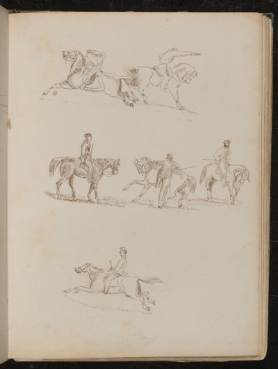 Sei studi di cavalli con vari cavalieri maschi in varie pose, uno con pistola alzata da Lady  Butler