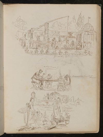Una scena di giardino e lavanderia con figure femminili iscritte "Pozzo genovese", e uno studio di quattro figure iscritte "Famiglia Manenti a cena" da Lady Butler