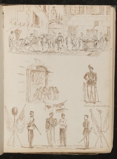 Scena di città con soldati che bevono, studio di una bancarella di mercato, studio di una guardia nazionale piemontese, studio di quattro soldati e bandiere incrociate da Lady Butler