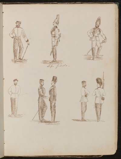 Otto studi di soldati in piedi in uniforme, iscritti "Guardie della Vita" da Lady Butler