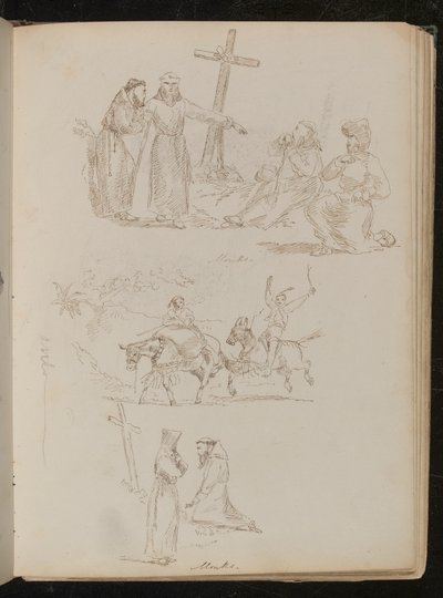 Quattro figure accanto a una croce di legno, studio di due giovani con bastoni su asini, studio di due monaci, uno inginocchiato davanti a una croce di legno da Lady Butler