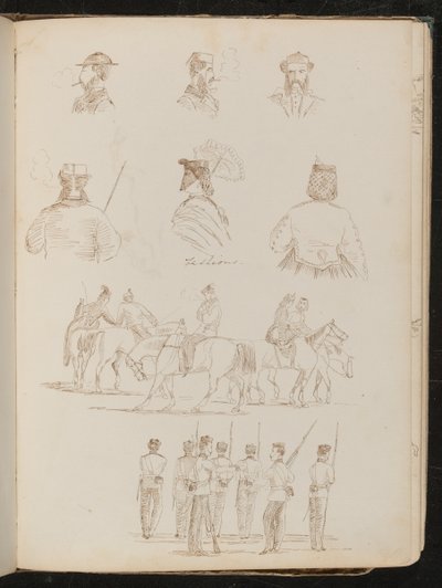 Quattro studi di busti maschili, due di una donna con parasole, studio di gruppo di uomini e donne a cavallo, studio di gruppo di soldati da Lady Butler