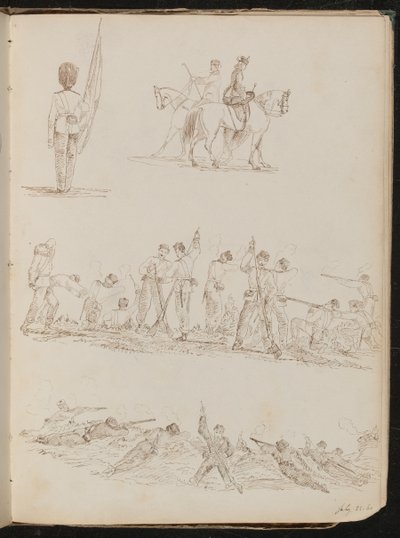 Quattro studi di soldati, donne a cavallo e battaglie da Lady Butler