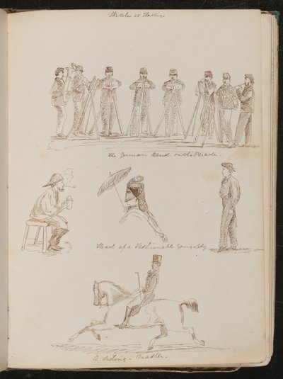 "Banda tedesca alla parata", studio di un uomo seduto con boccale e pipa, "Testa di una giovane signora alla moda" e "un maestro di equitazione" da Lady Butler