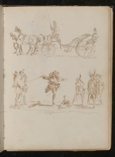 Ufficiale in abito completo con cilindro e spalline che cavalca in carrozza trainata da cavalli, studio di sei soldati mediterranei e un cane da Lady Butler