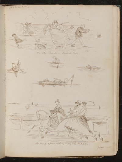 "In parata, un giorno ventoso", barche con escursionisti, cavalieri a cavallo con iscrizione "cavalcando con il maestro" da Lady Butler