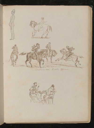 Soldato in uniforme completa, studi di un giovane con canna da pesca a cavallo, quattro uomini a cavallo iscritti "Ufficiali di cavalleria piemontesi" da Lady Butler