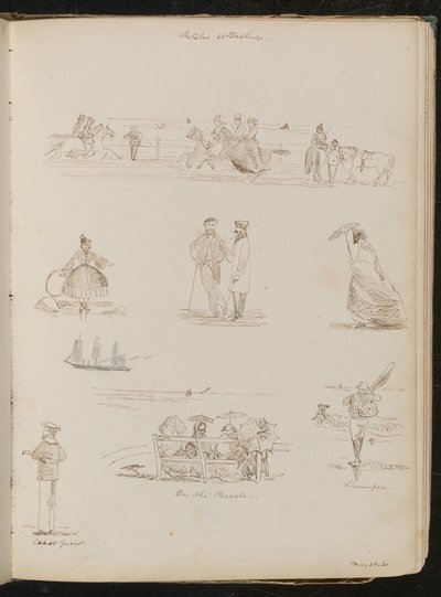 Studi di uomini e donne "Alla parata", un uomo con una rete etichettato "Pescatore di gamberetti", un marinaio etichettato "Guardia costiera", datato "28 maggio-61" da Lady Butler
